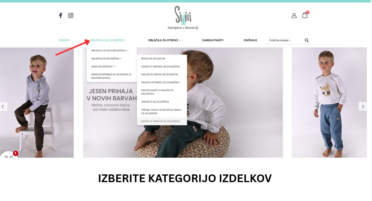 Izbira kategorije otroških oblačil v zgornjem meniju spletne trgovine Sivili