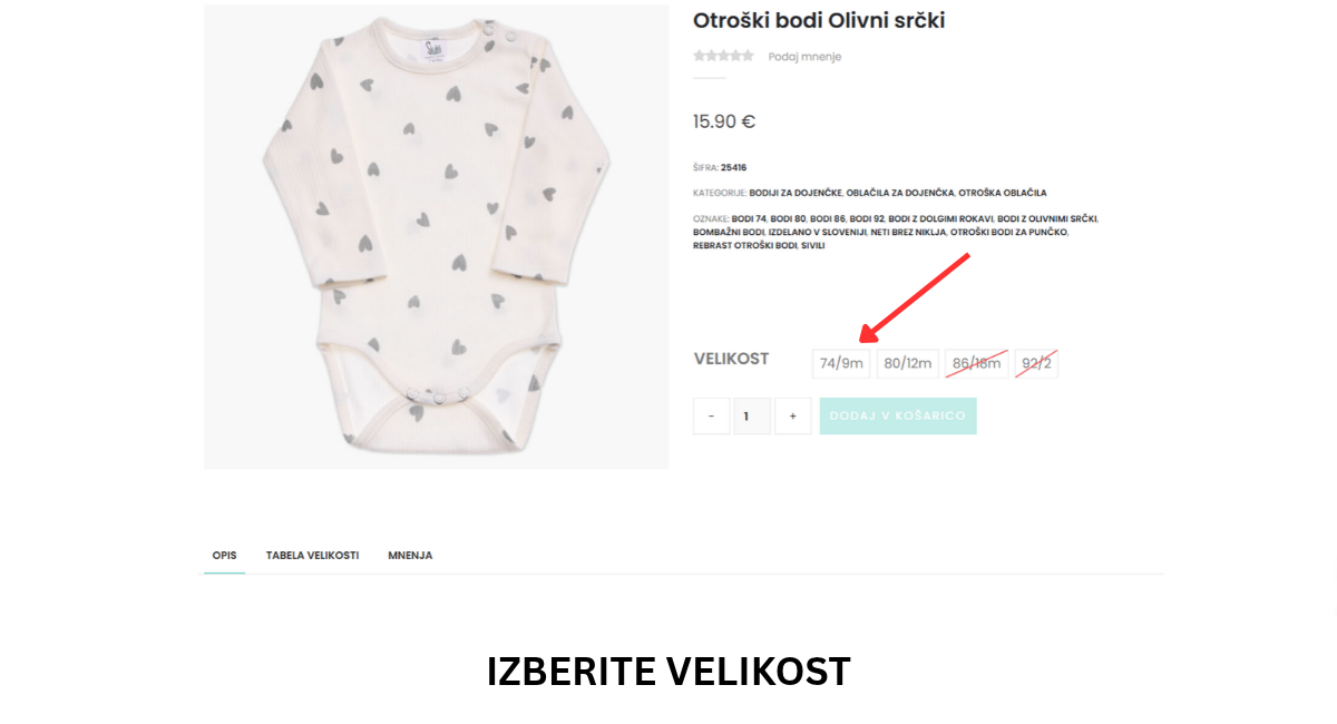 Izbira velikosti otroškega bodija na strani izdelka v spletni trgovini Sivili