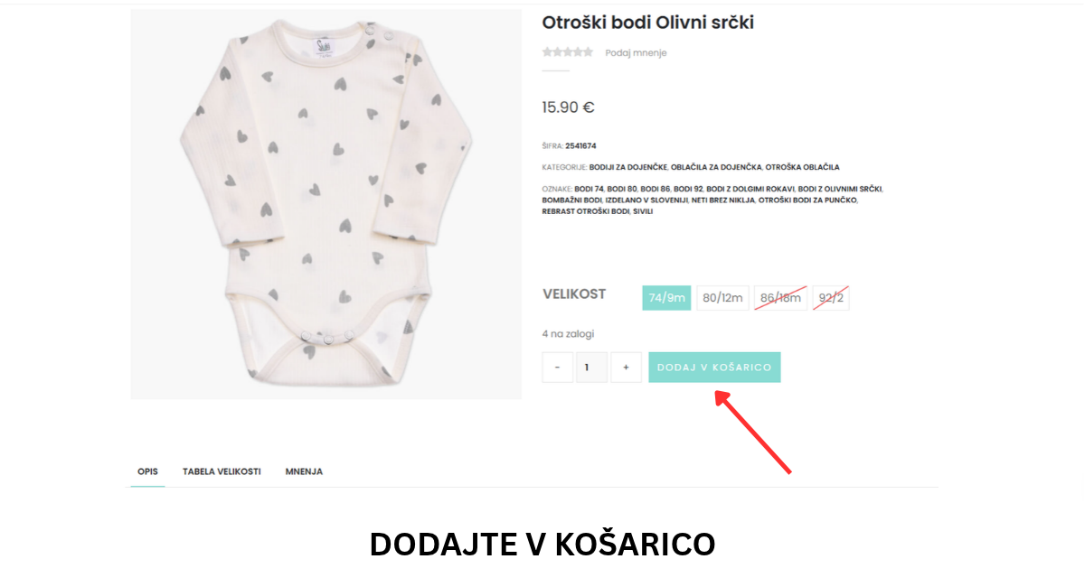 Dodajanje izbranega otroškega oblačila v nakupovalno košarico spletne trgovine Sivili