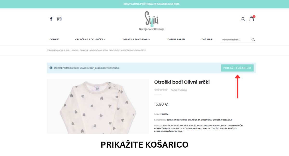 Prikaz nakupovalne košarice z izbranimi otroškimi oblačili v spletni trgovini Sivili