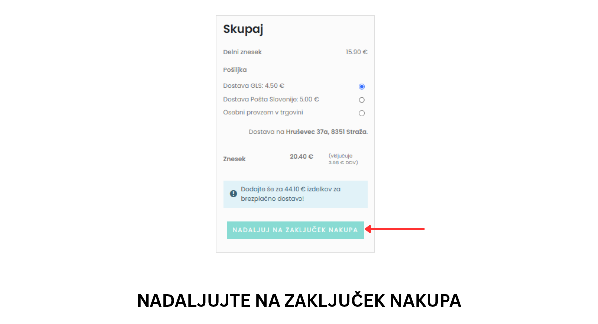 Gumb za nadaljevanje na zaključek nakupa v spletni trgovini Sivili