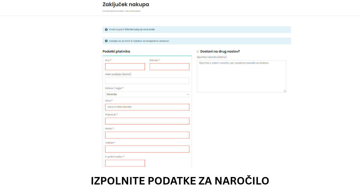 Izpolnjevanje podatkov za naročilo in dostavo v spletni trgovini Sivili