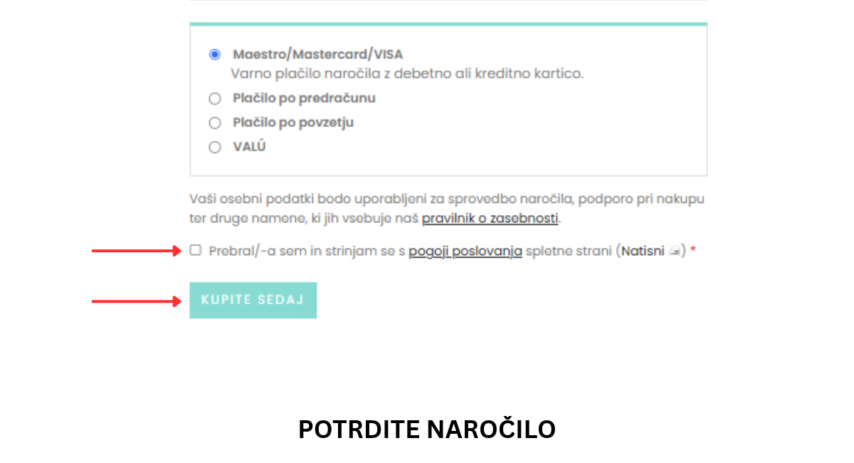 Potrditev naročila in oddaja spletnega nakupa v trgovini Sivili
