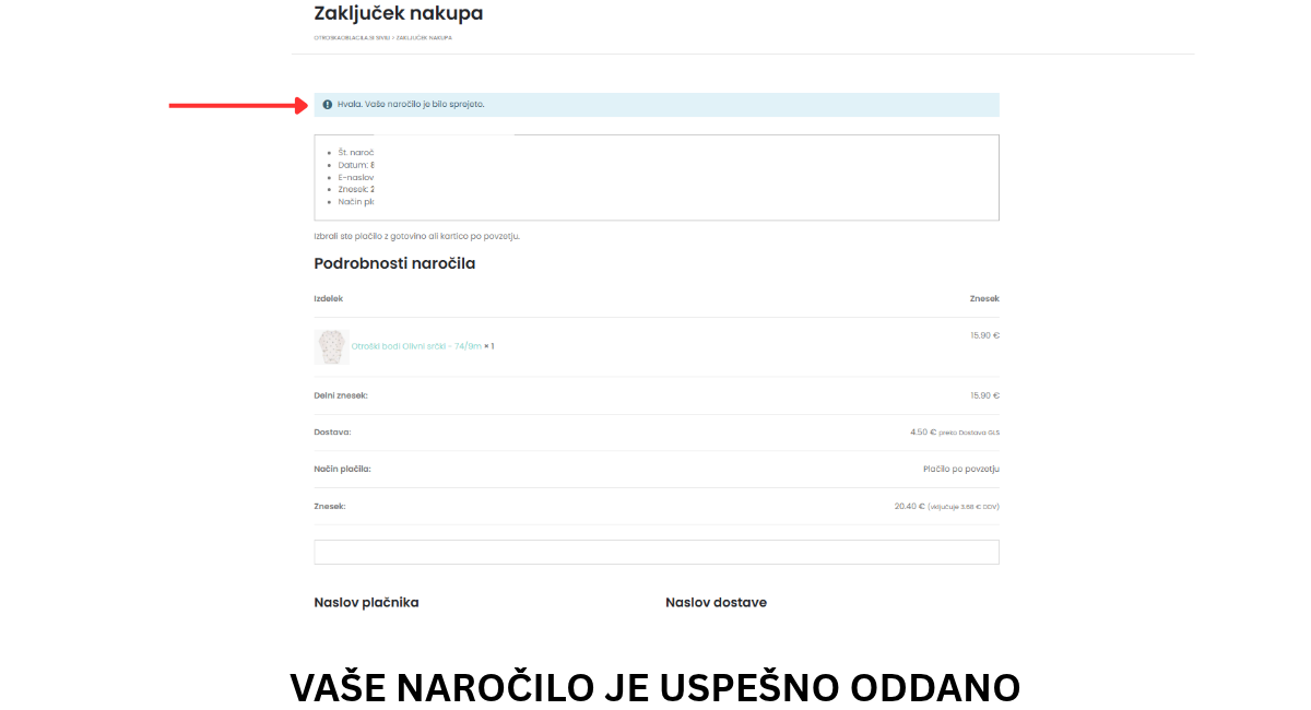 Potrditev uspešno oddanega naročila v spletni trgovini Sivili